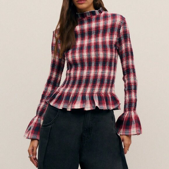 Red Casual Women's Plaid Corset Top with Mock Neckline and Ruffle Trim - Picture 1 of 8